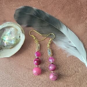 Southwestern Pink Imperial Jasper Tigers Eye Agate Abalone Earrings Boho Gift